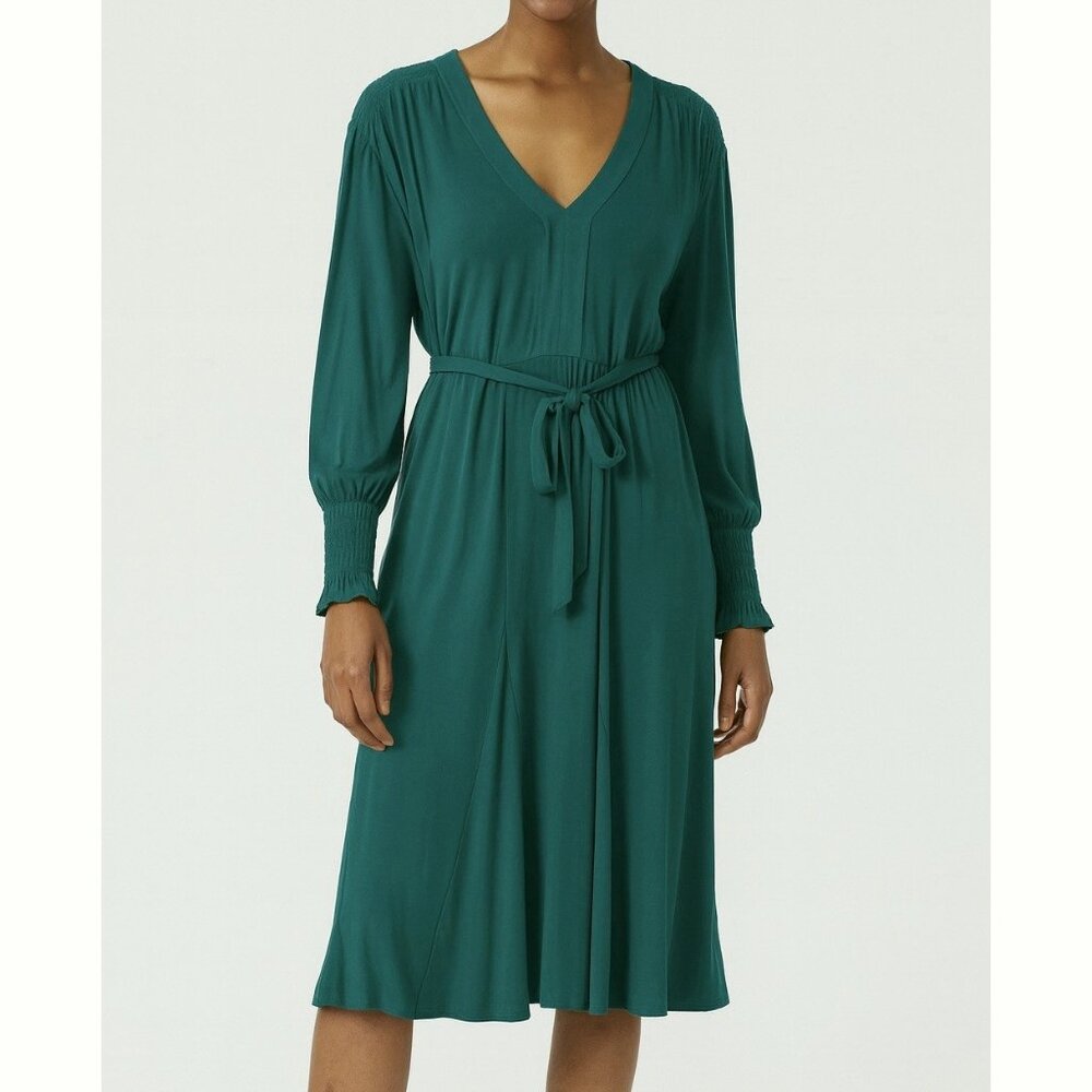 Vintage Old Navy Green V-Neck Midi Dress 2X Smocked Bishop Sleeve Jersey Stretch